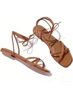 Women's Strappy Tie-Ankle Flat Sandals in Brown